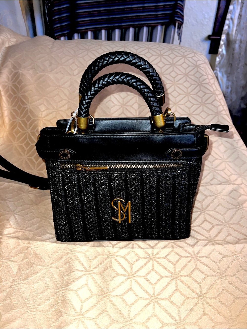 Steve Madden Black Braided Top-Handle Satchel with Gold Accent - Picture 3 of 17
